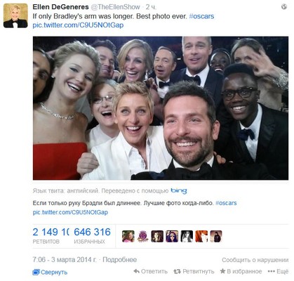 Твит ведущей Оскара 2014 стал самым популярным в истории